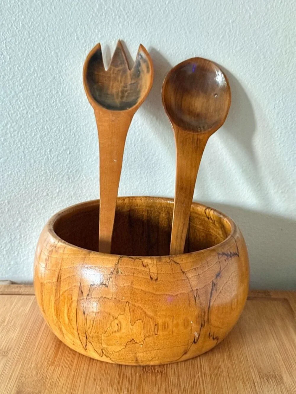 Vintage Mid Century Carved Wood Salad Bowl And Serving Fork And Spoon